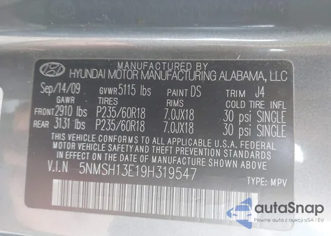 2009 Hyundai Santa Fe Se from USA, damaged, VIN 5NMSH13E19H319547